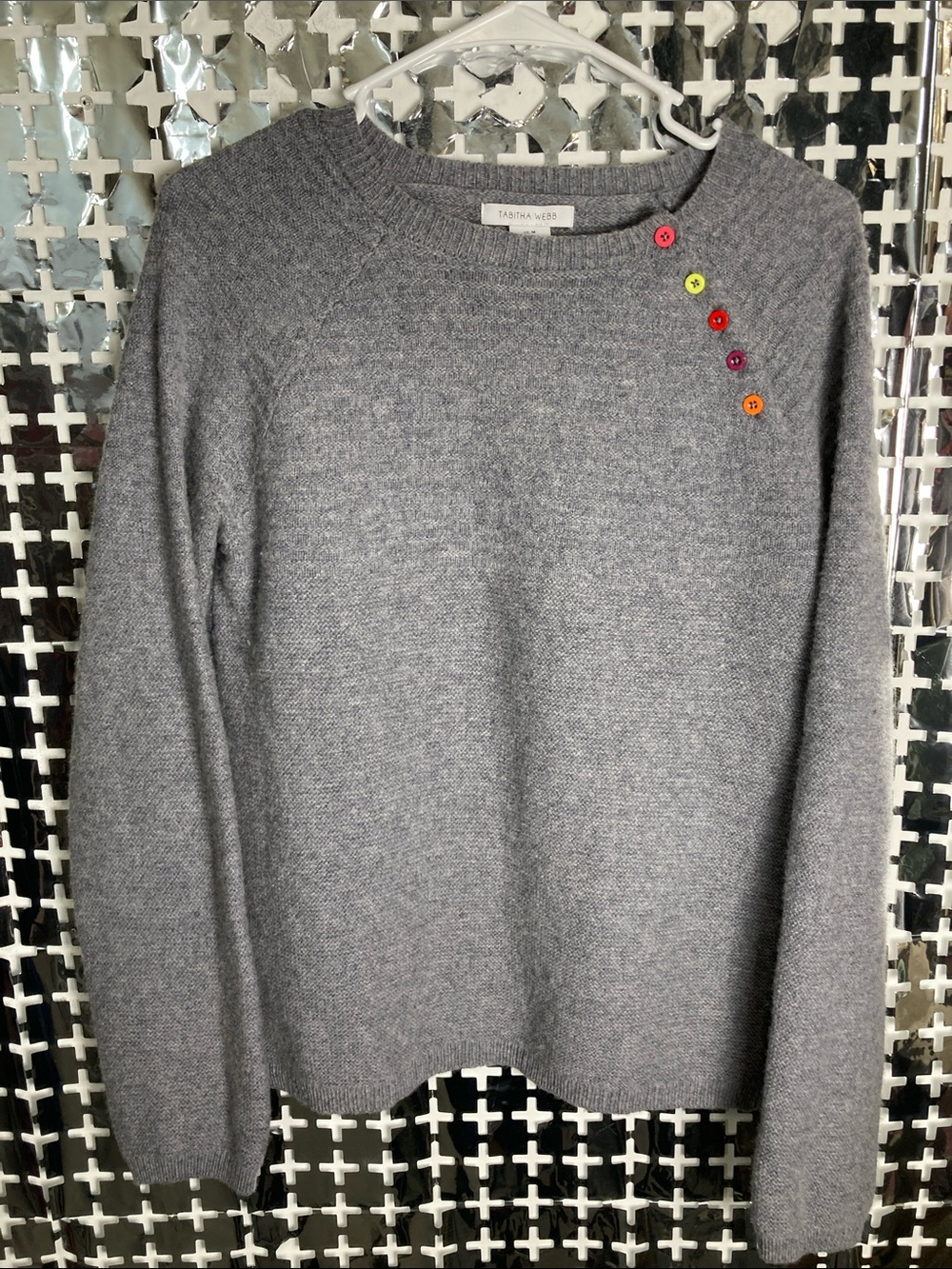 Tabitha Webb Heather Gray Crewneck Sweater with Colorful Button Accent